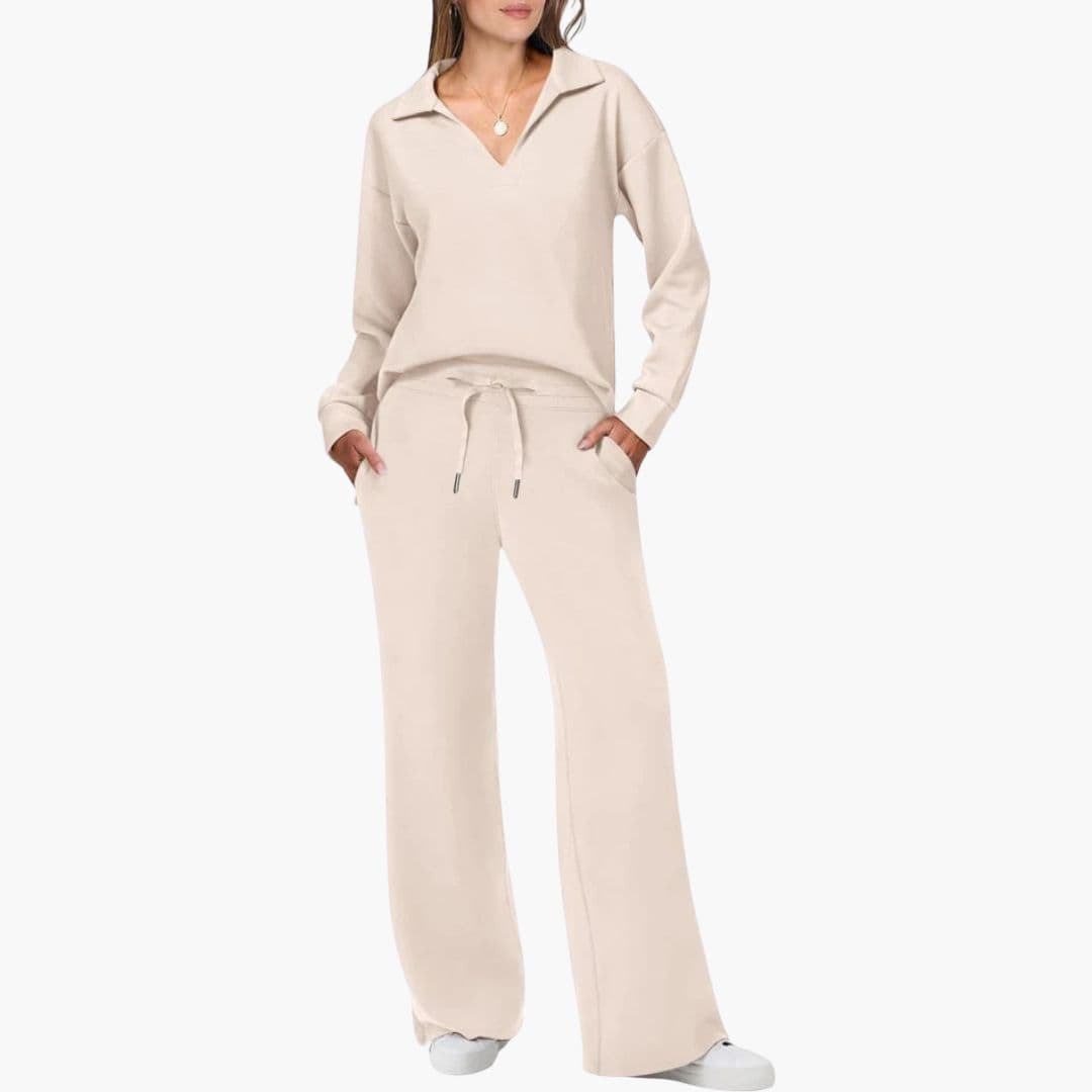 Women's Two-Piece Set V-Neck Long Sleeve Top And Wide Leg Pants Casual