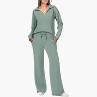 Women's Two-Piece Set V-Neck Long Sleeve Top And Wide Leg Pants Casual