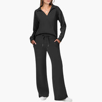 Women's Two-Piece Set V-Neck Long Sleeve Top And Wide Leg Pants Casual