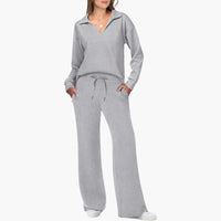 Women's Two-Piece Set V-Neck Long Sleeve Top And Wide Leg Pants Casual