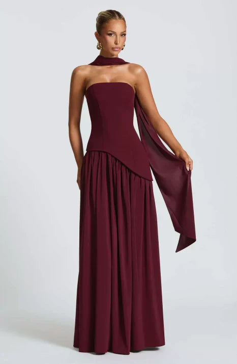 Vestido largo formal de seda para mujer, sin tirantes y sin mangas, fluido