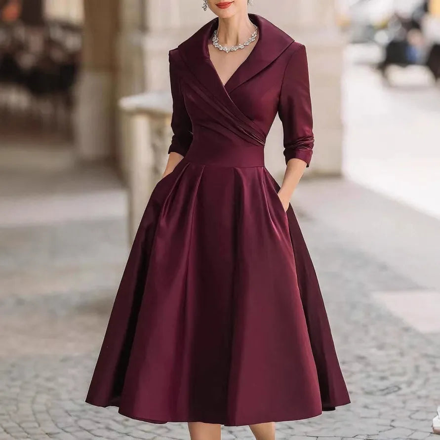 Vestido Midi Elegante con Escote en V y Manga Tres Cuartos