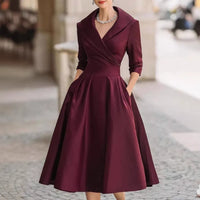Vestido Midi Elegante con Escote en V y Manga Tres Cuartos