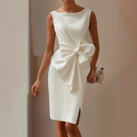 Robe midi femme sans manches à col rond avec nœud devant et coupe trapèze