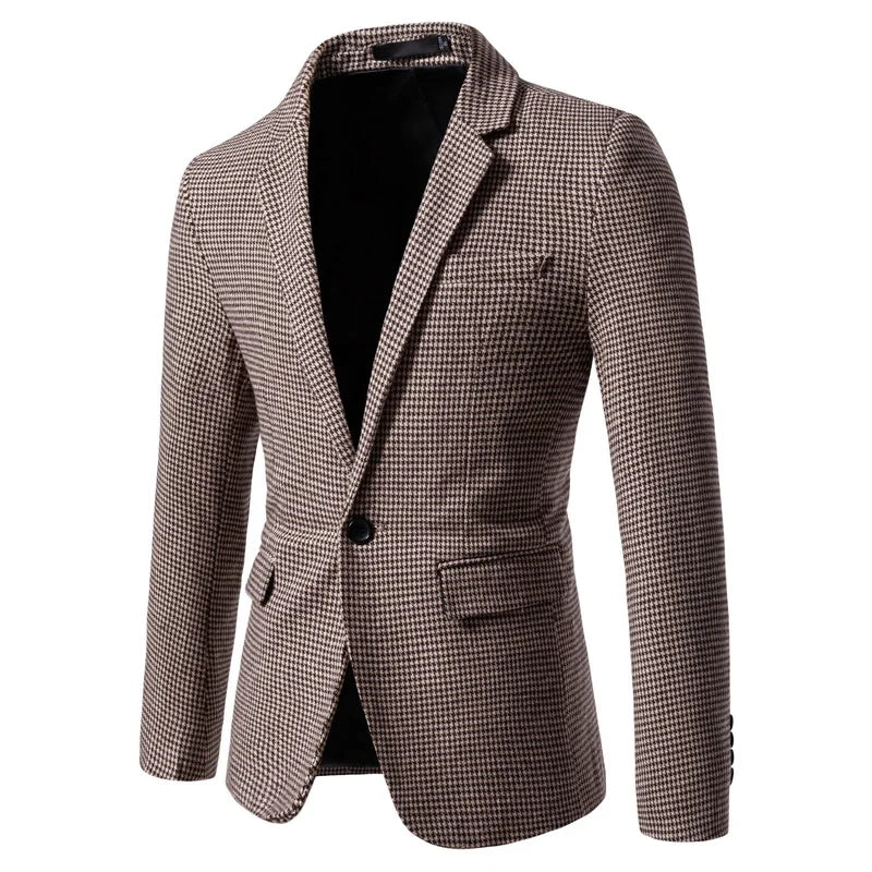 Blazer para hombre de pata de gallo, ajuste slim, cierre de botones, manga larga, casual de negocios