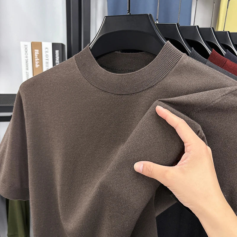 T-shirt homme en maille de soie et laine, coupe slim, manches courtes, col montant, décontracté