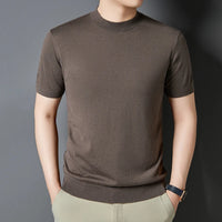T-shirt homme en maille de soie et laine, coupe slim, manches courtes, col montant, décontracté