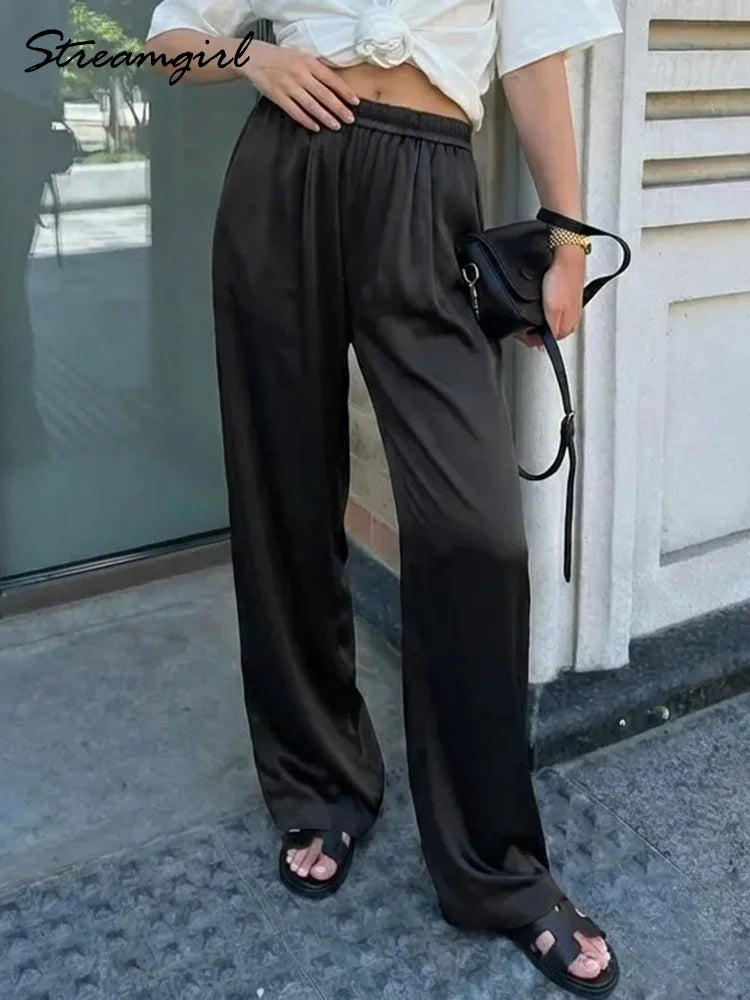 Women's Pants Satin Wide Leg High Waist Loose Fit Pockets Casual