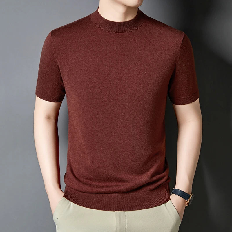 T-shirt homme en maille de soie et laine, coupe slim, manches courtes, col montant, décontracté