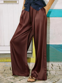 Women's Pants Satin Wide Leg High Waist Loose Fit Pockets Casual