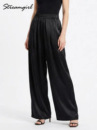 Women's Pants Satin Wide Leg High Waist Loose Fit Pockets Casual
