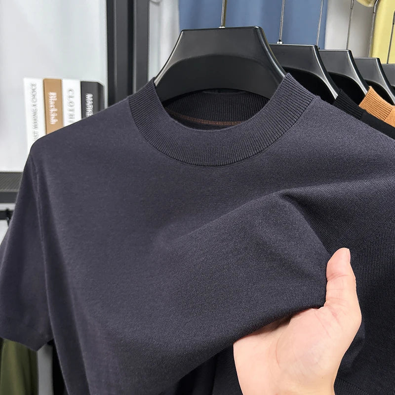 T-shirt homme en maille de soie et laine, coupe slim, manches courtes, col montant, décontracté