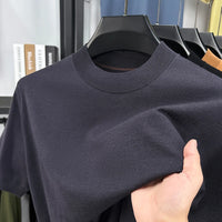 T-shirt homme en maille de soie et laine, coupe slim, manches courtes, col montant, décontracté