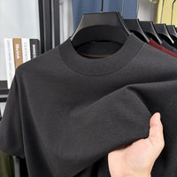 T-shirt homme en maille de soie et laine, coupe slim, manches courtes, col montant, décontracté