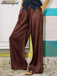 Women's Pants Satin Wide Leg High Waist Loose Fit Pockets Casual