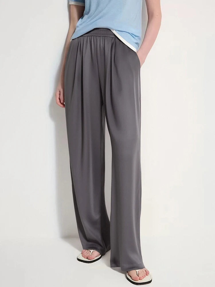 Women's Pants Satin Wide Leg High Waist Loose Fit Pockets Casual