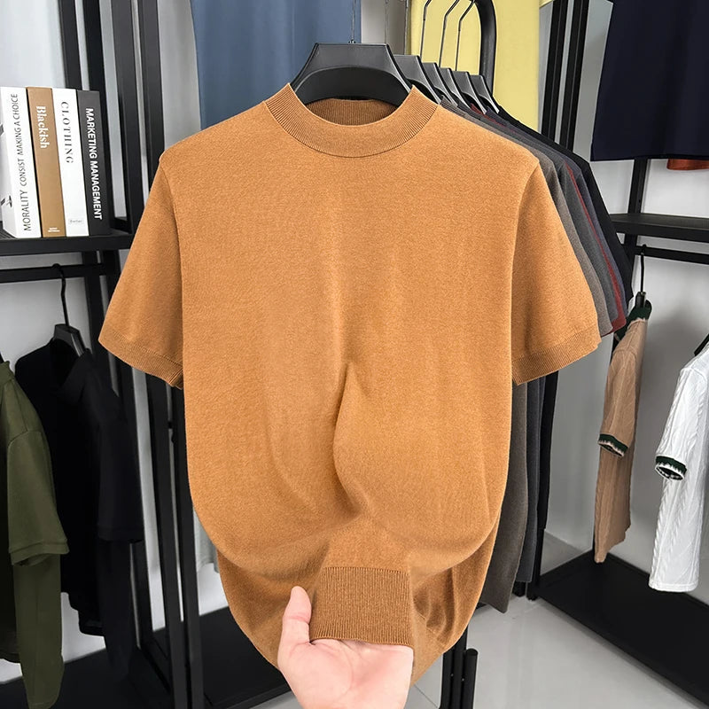 T-shirt homme en maille de soie et laine, coupe slim, manches courtes, col montant, décontracté