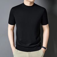 T-shirt homme en maille de soie et laine, coupe slim, manches courtes, col montant, décontracté