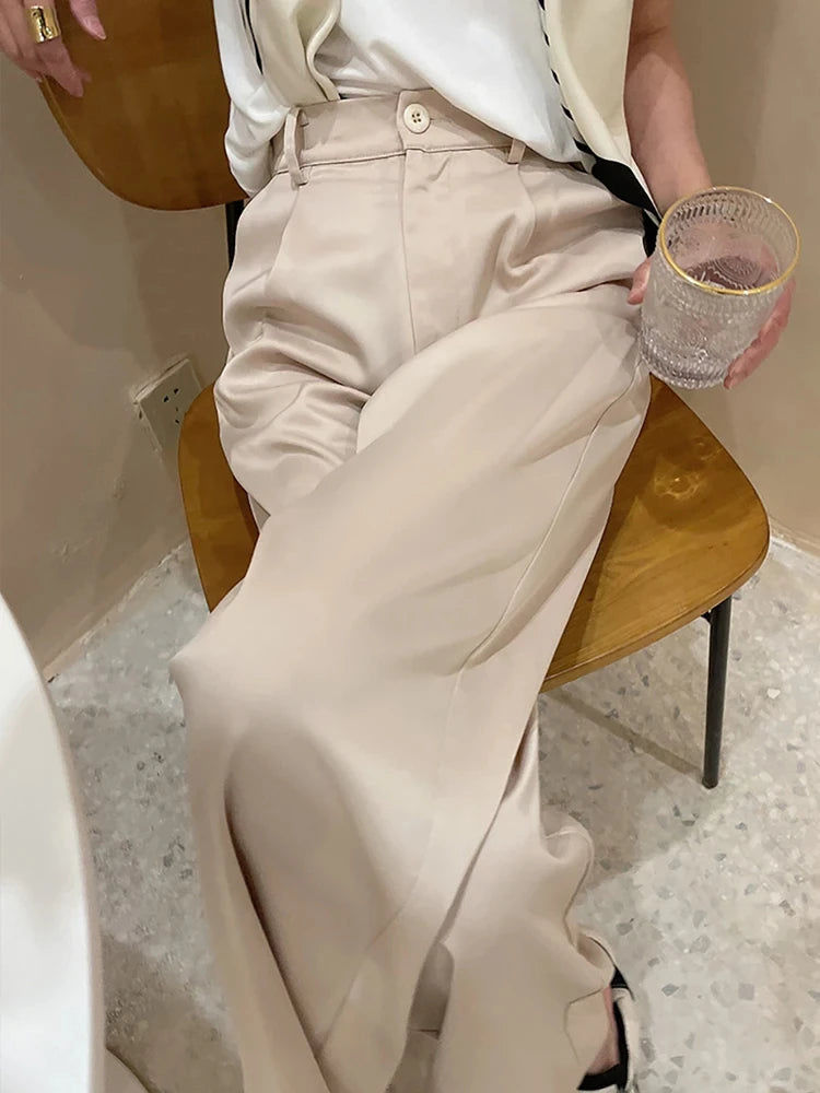 Women's Pants Satin Wide Leg High Waist Loose Fit Full Length Casual