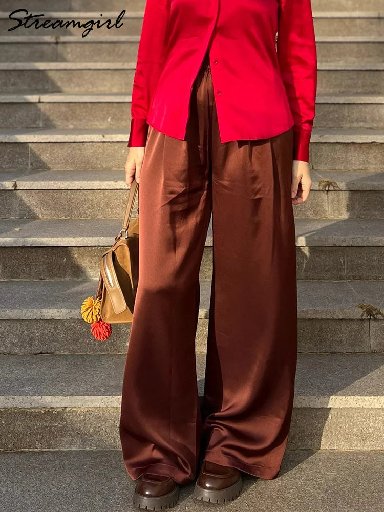 Women's Pants Satin Wide Leg High Waist Loose Fit Pockets Casual