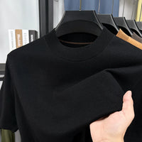 T-shirt homme en maille de soie et laine, coupe slim, manches courtes, col montant, décontracté
