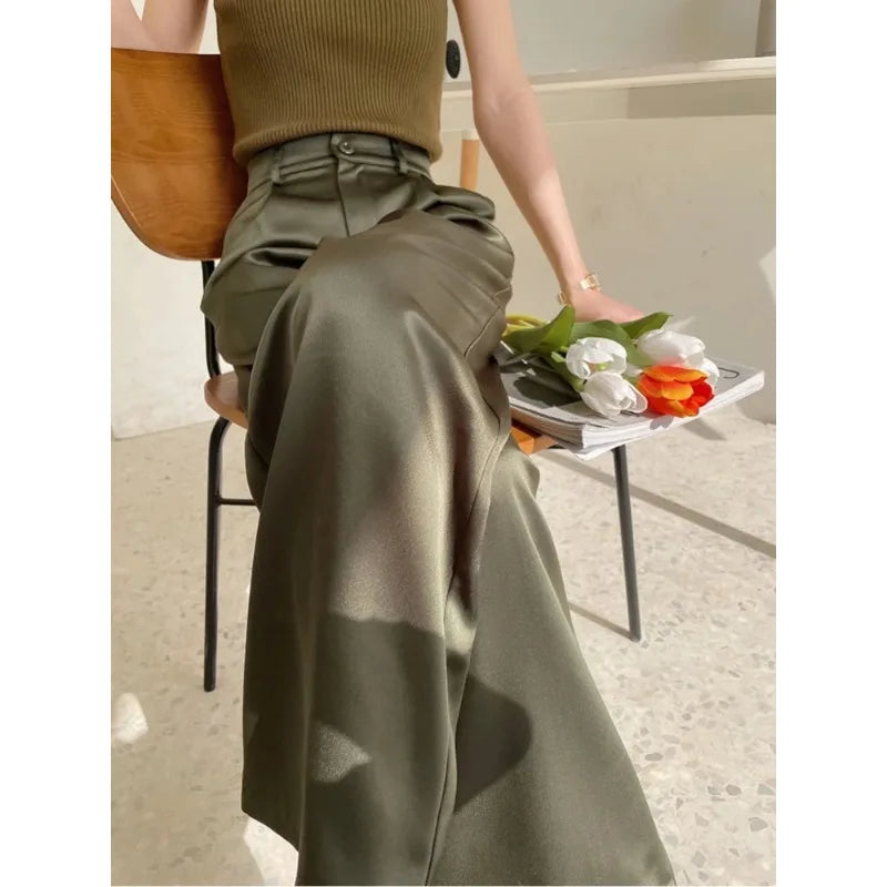 Pantalones de mujer de satén, pierna ancha, cintura alta, ajuste holgado, largo completo, casual