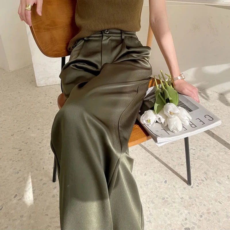 Women's Pants Satin Wide Leg High Waist Loose Fit Full Length Casual