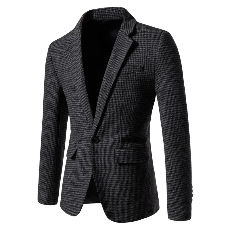Blazer homme à motif pied-de-poule coupe slim, fermeture à boutons, manches longues, style business décontracté