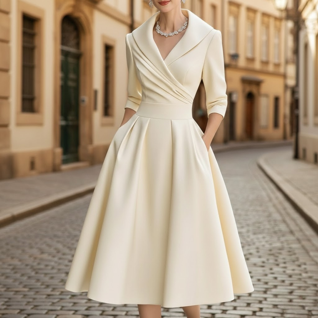 Vestido Midi Elegante con Escote en V y Manga Tres Cuartos