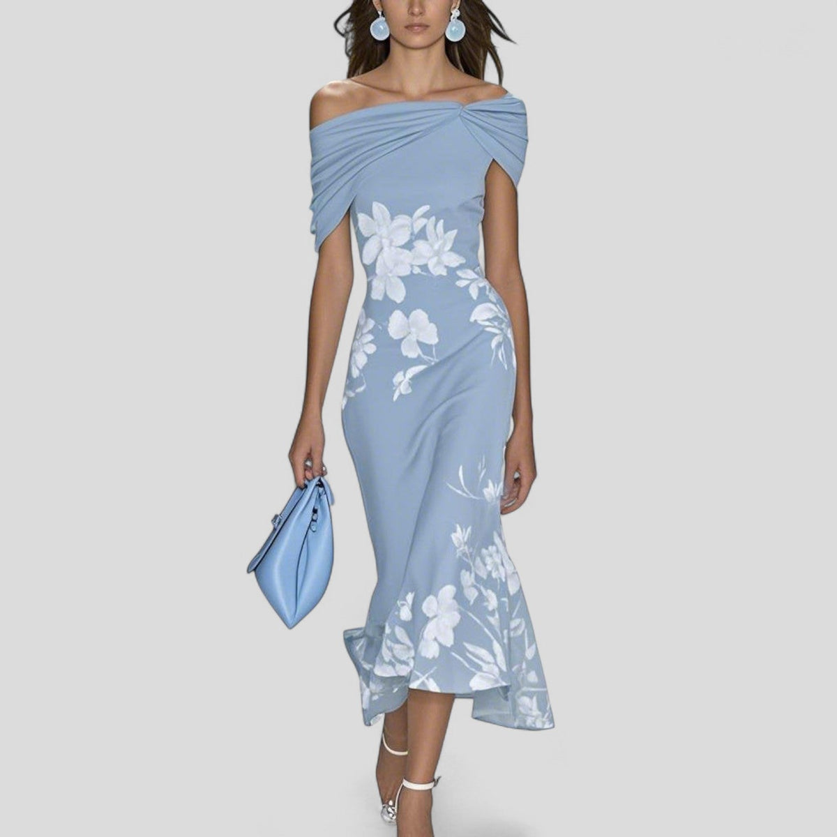 Vestido midi para mujer con hombros descubiertos y manga corta estampada