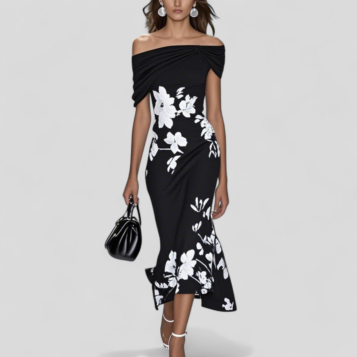 Vestido midi para mujer con hombros descubiertos y manga corta estampada