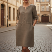 Vestido entallado de manga corta con apariencia de lino para mujer
