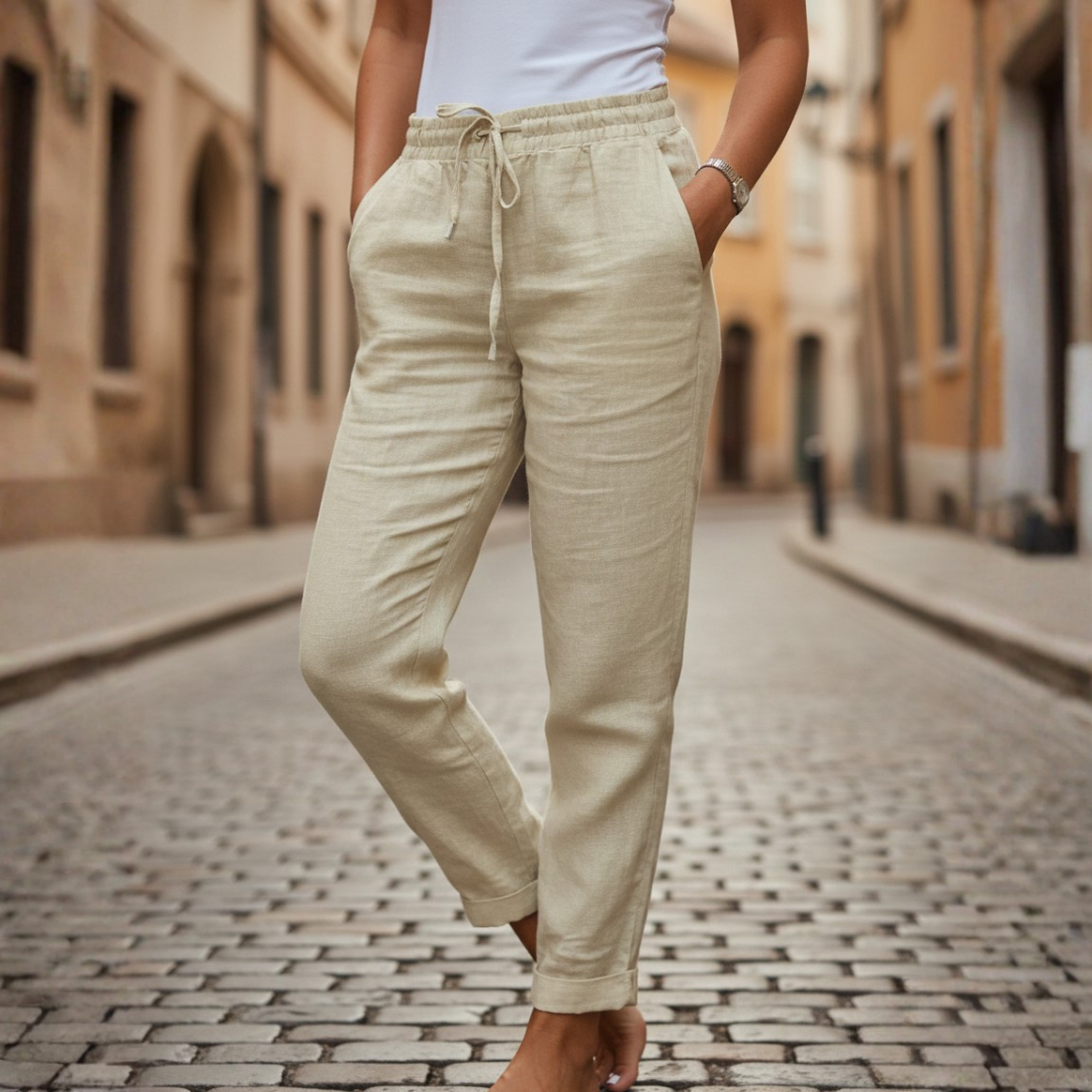 Pantalones de Lino con Cintura Elástica y Cordón, Ajustados para Mujer, Verano