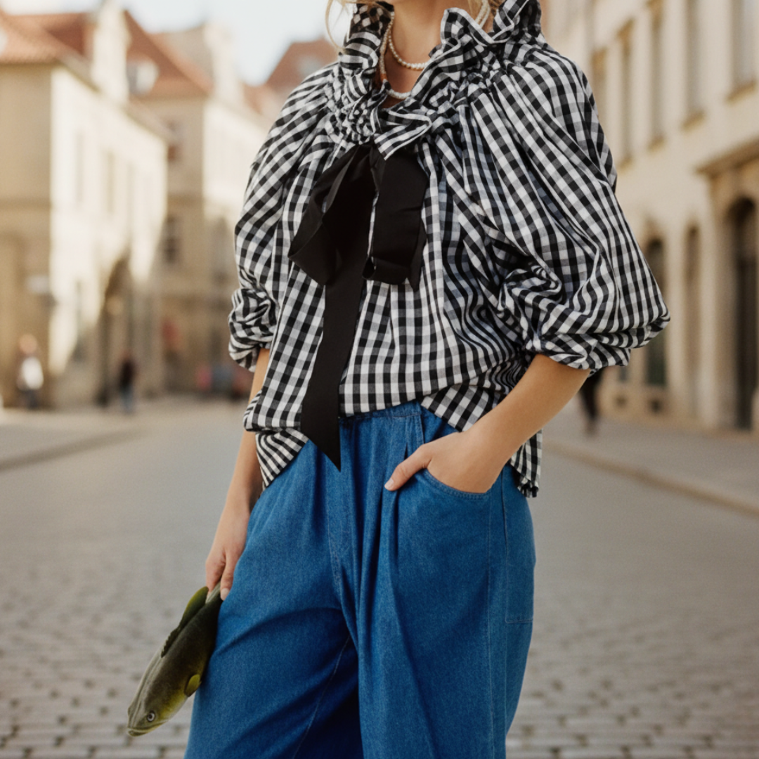 Blusa de mujer con rayas, volantes y lazo
