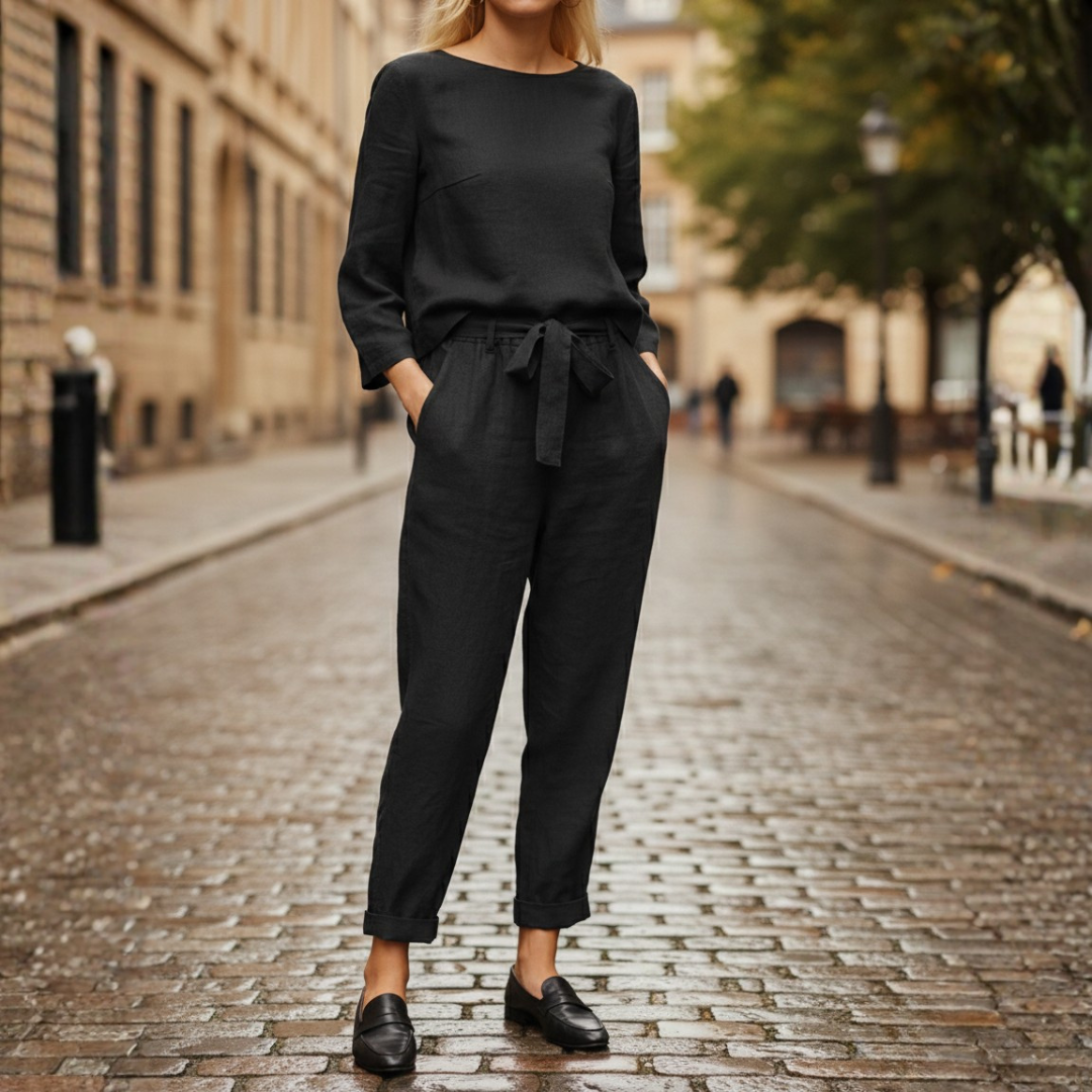 Conjunto de dos piezas blusa de manga larga con lazo en la cintura y pantalones entallados para mujer