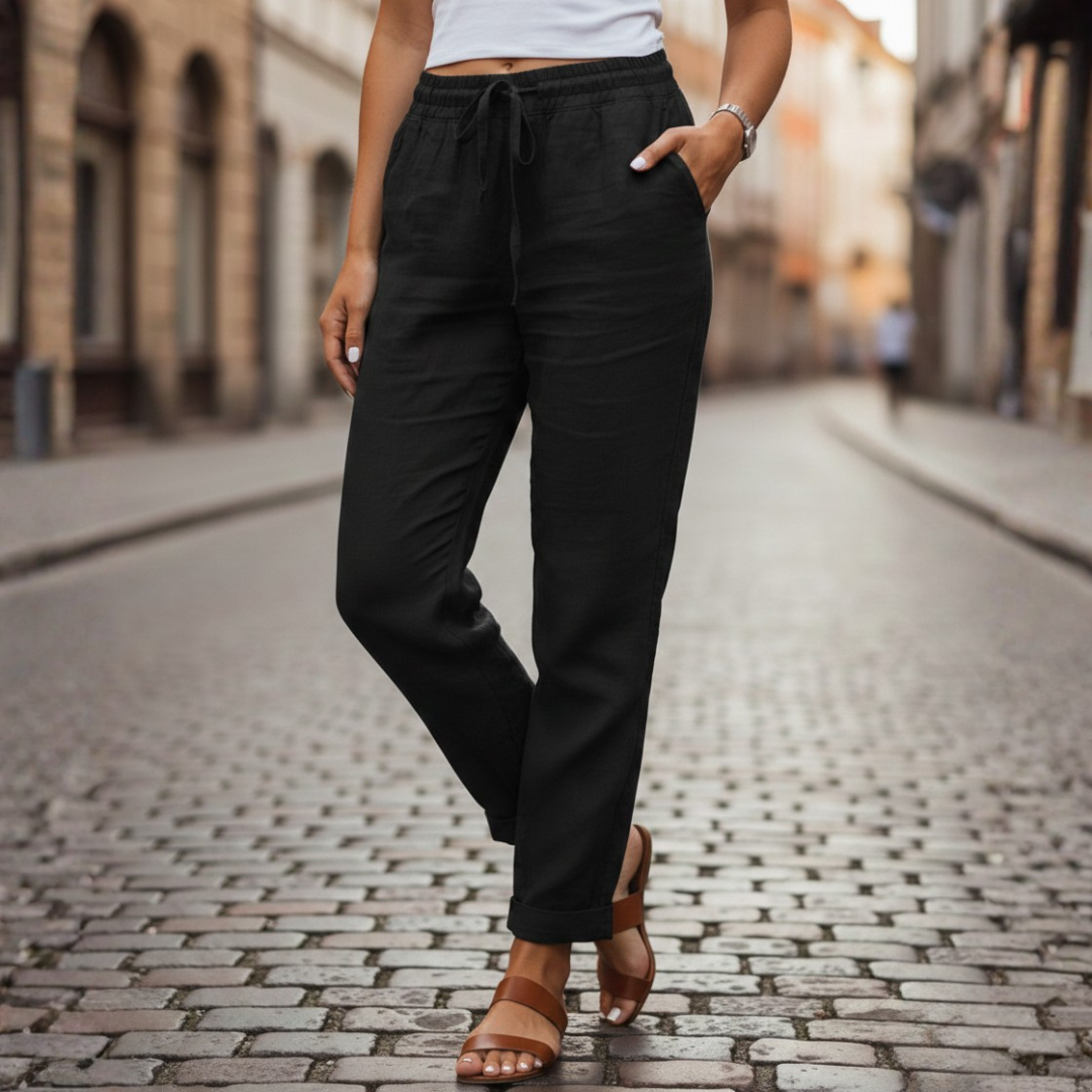 Pantalones de Lino con Cintura Elástica y Cordón, Ajustados para Mujer, Verano