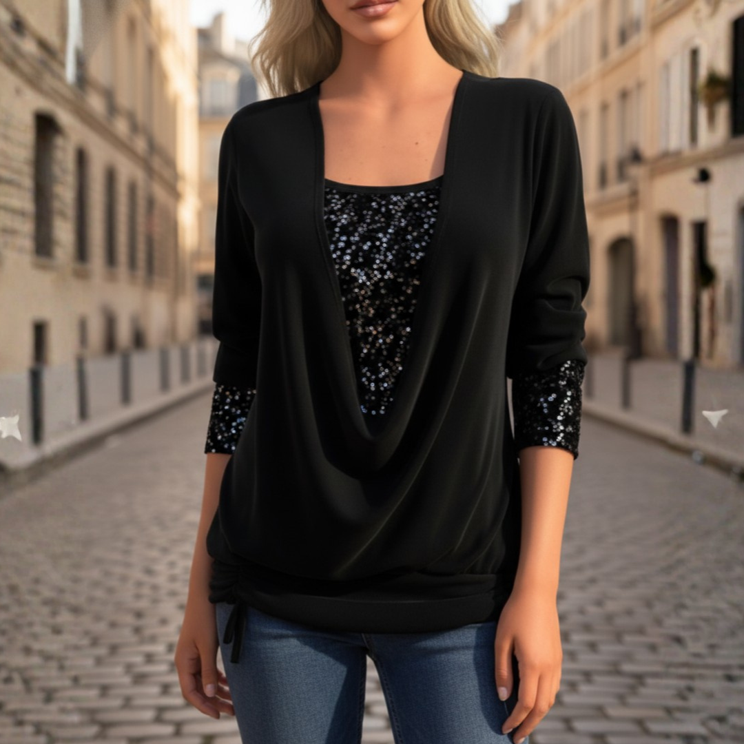 Blouse Long Sleeve Sequin Draped Neck Relaxed Fit Women