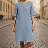 Vestido entallado de manga corta con apariencia de lino para mujer