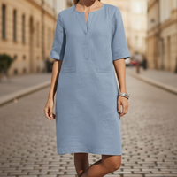 Vestido entallado de manga corta con apariencia de lino para mujer