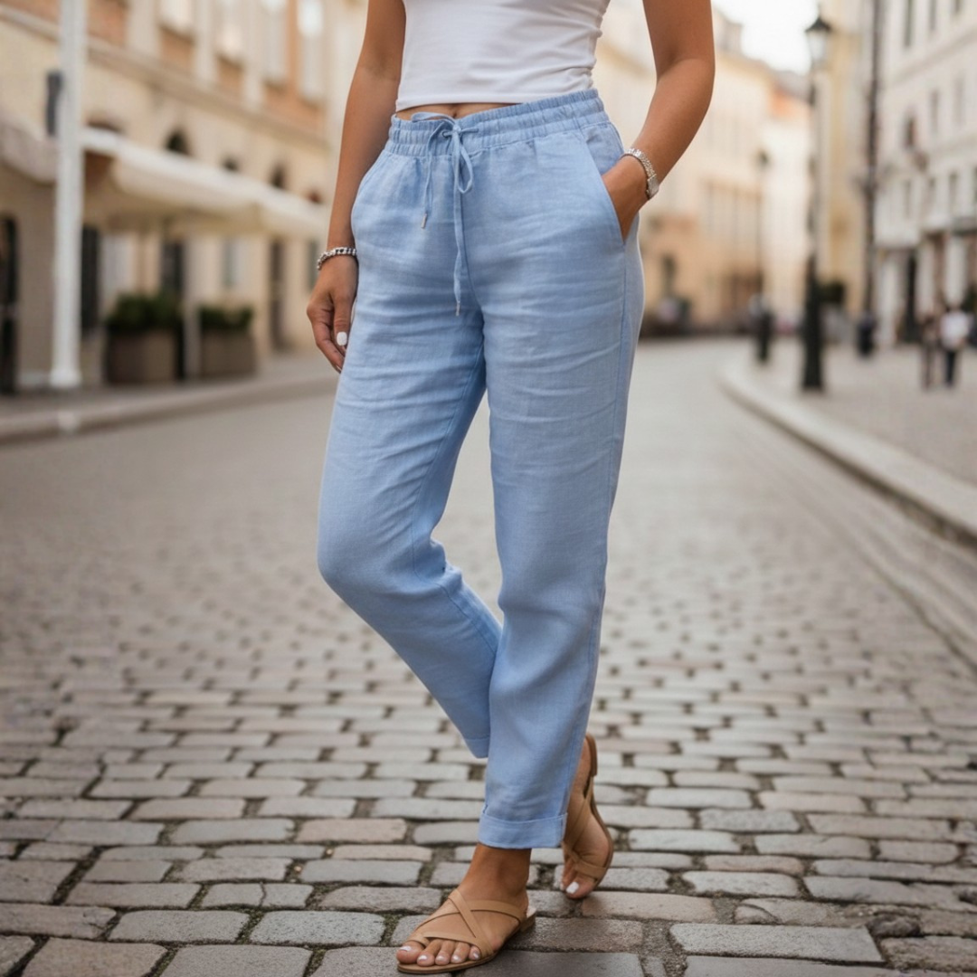 Pantalones de Lino con Cintura Elástica y Cordón, Ajustados para Mujer, Verano