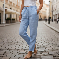 Pantalones de Lino con Cintura Elástica y Cordón, Ajustados para Mujer, Verano