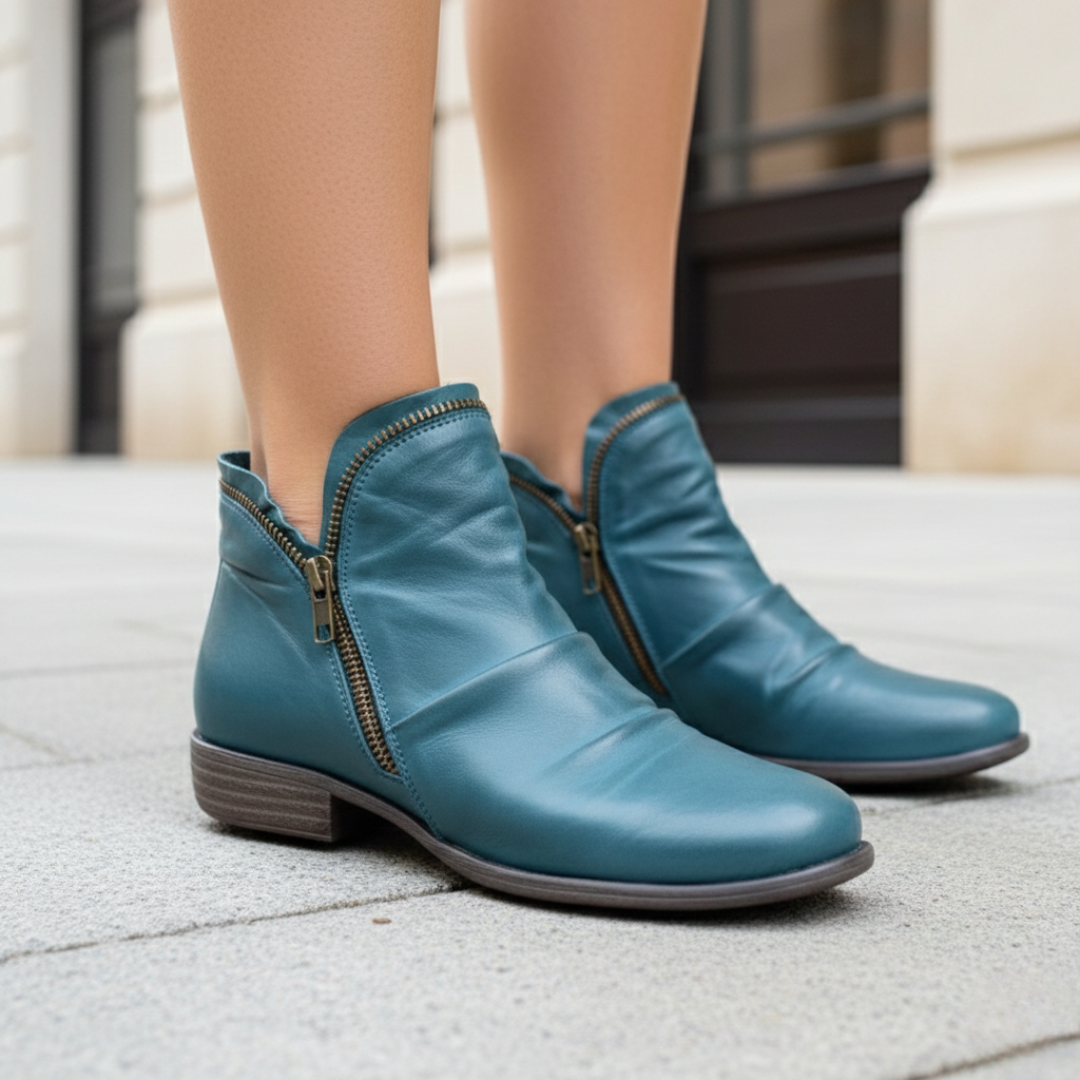 Bottes chevilles pour femmes en cuir synthétique orthopédique à double fermeture éclair et fronces