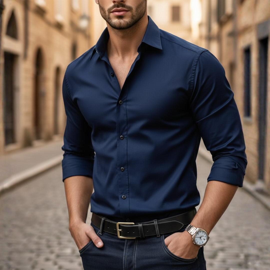 Camisa de botones manga larga ajuste elástico para hombre