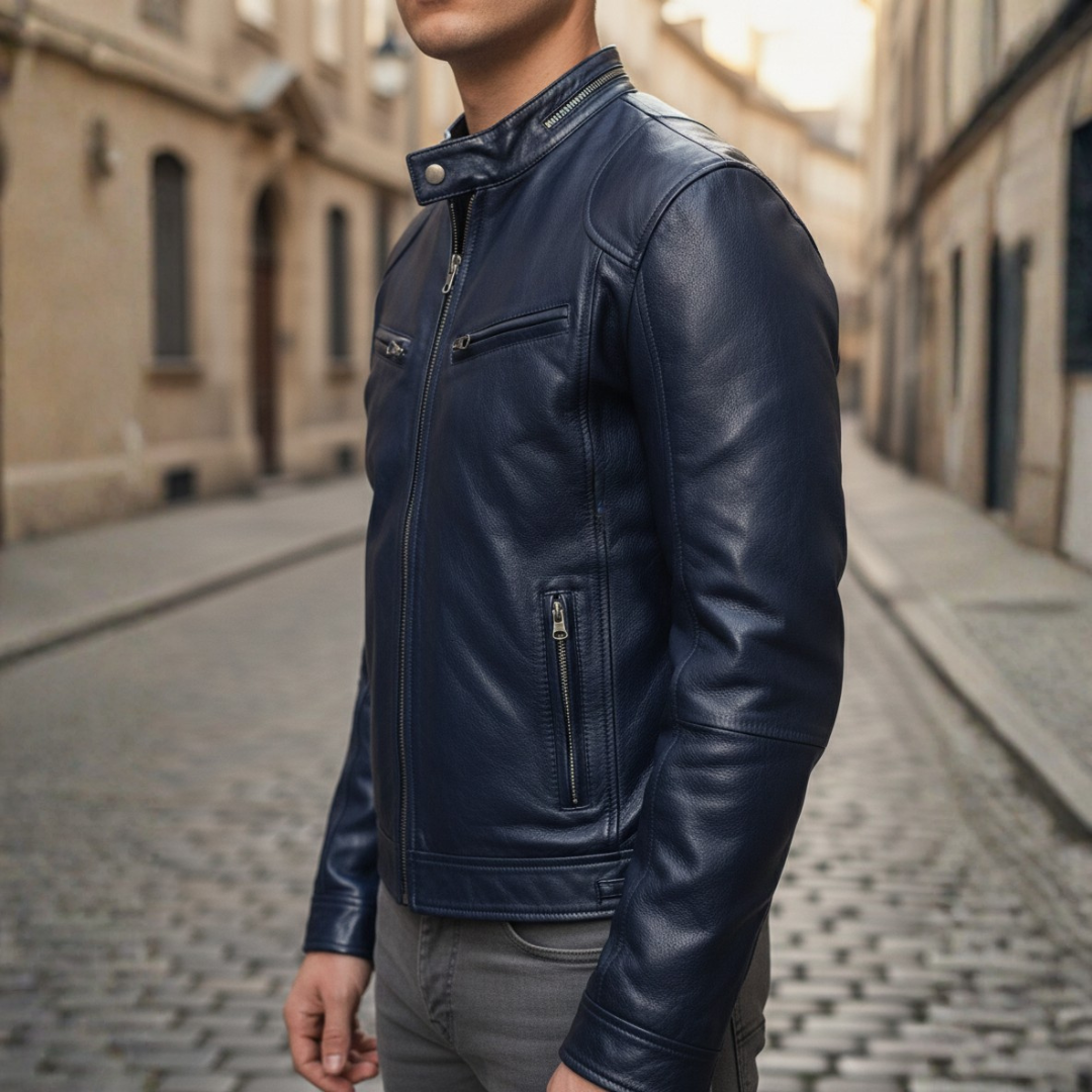 Chaqueta ajustada de motorista para hombre de cuero sintético