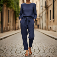 Ensemble deux pièces haut à manches longues ceinturé pantalon fuselé femme