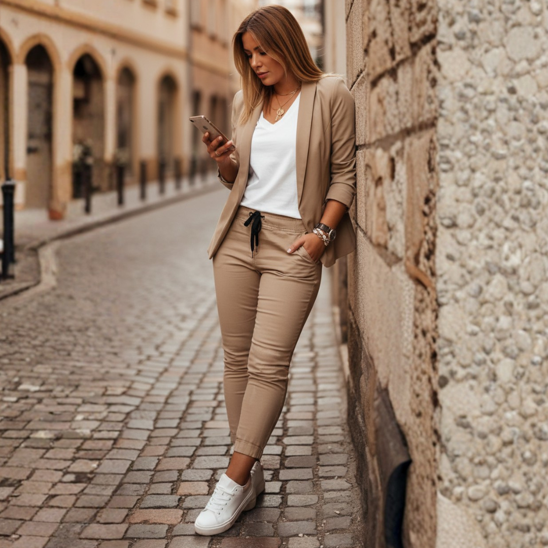 Conjunto de Blazer y Pantalón Deportivo con Frente Abierto y Mangas Fruncidas para Mujer