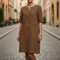 Vestido entallado de manga corta con apariencia de lino para mujer