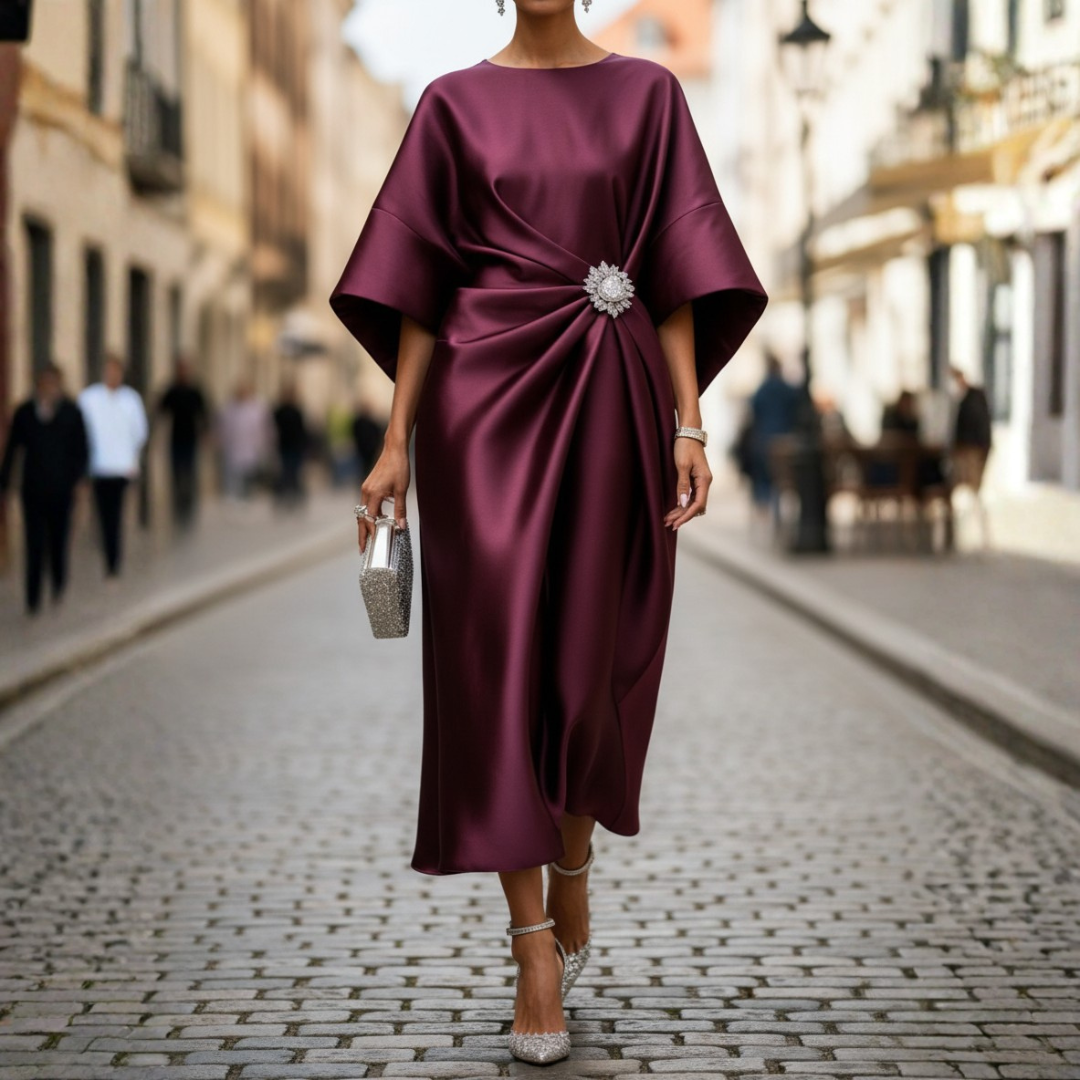 Women Satin Draped Rhinestone Brooch Midi Dress