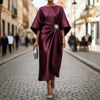 Women Satin Draped Rhinestone Brooch Midi Dress