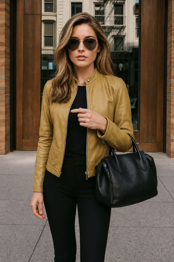 Chaqueta de cuero para mujer, ajustada, con cremallera, manga larga y cuello mandarín